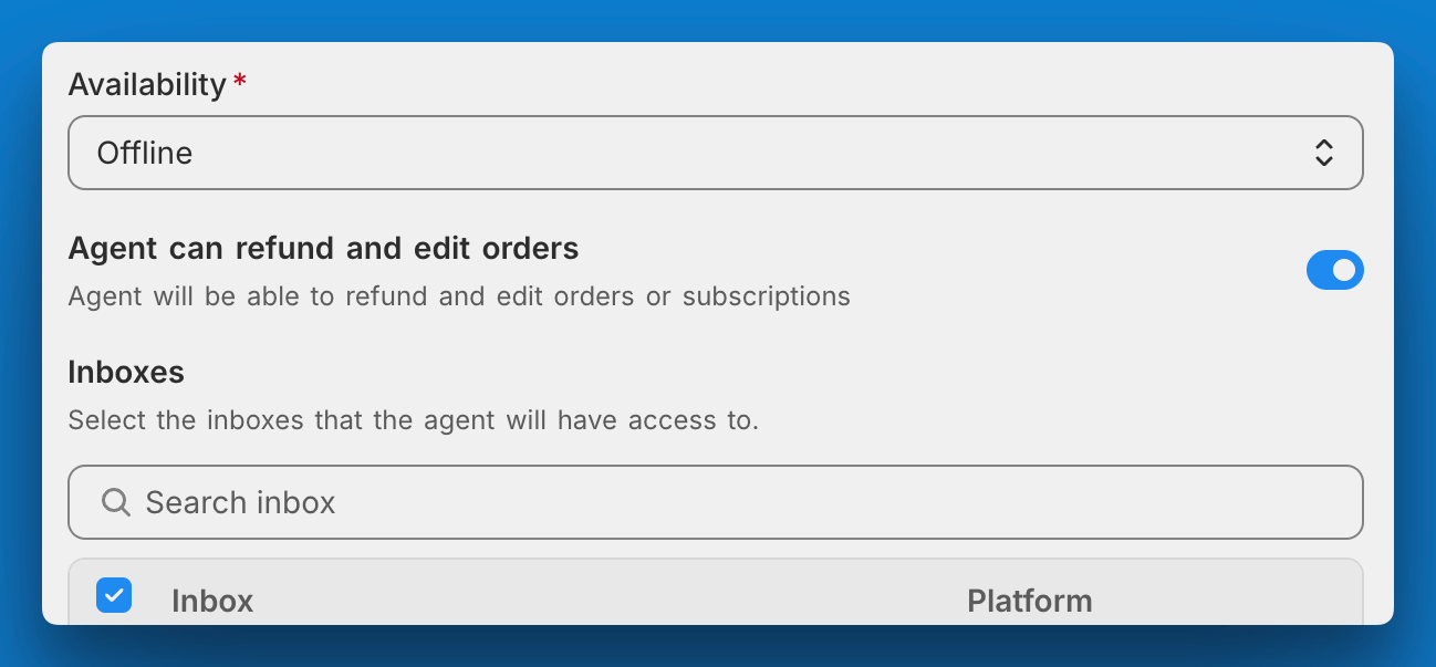 Settings → Agents refund and edit toggle