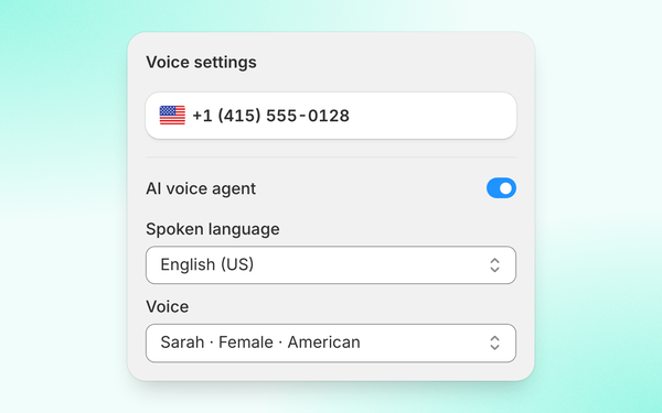Voice settings with the AI voice agent toggle switched on, spoken language set to English (US) and the voice set to Sarah