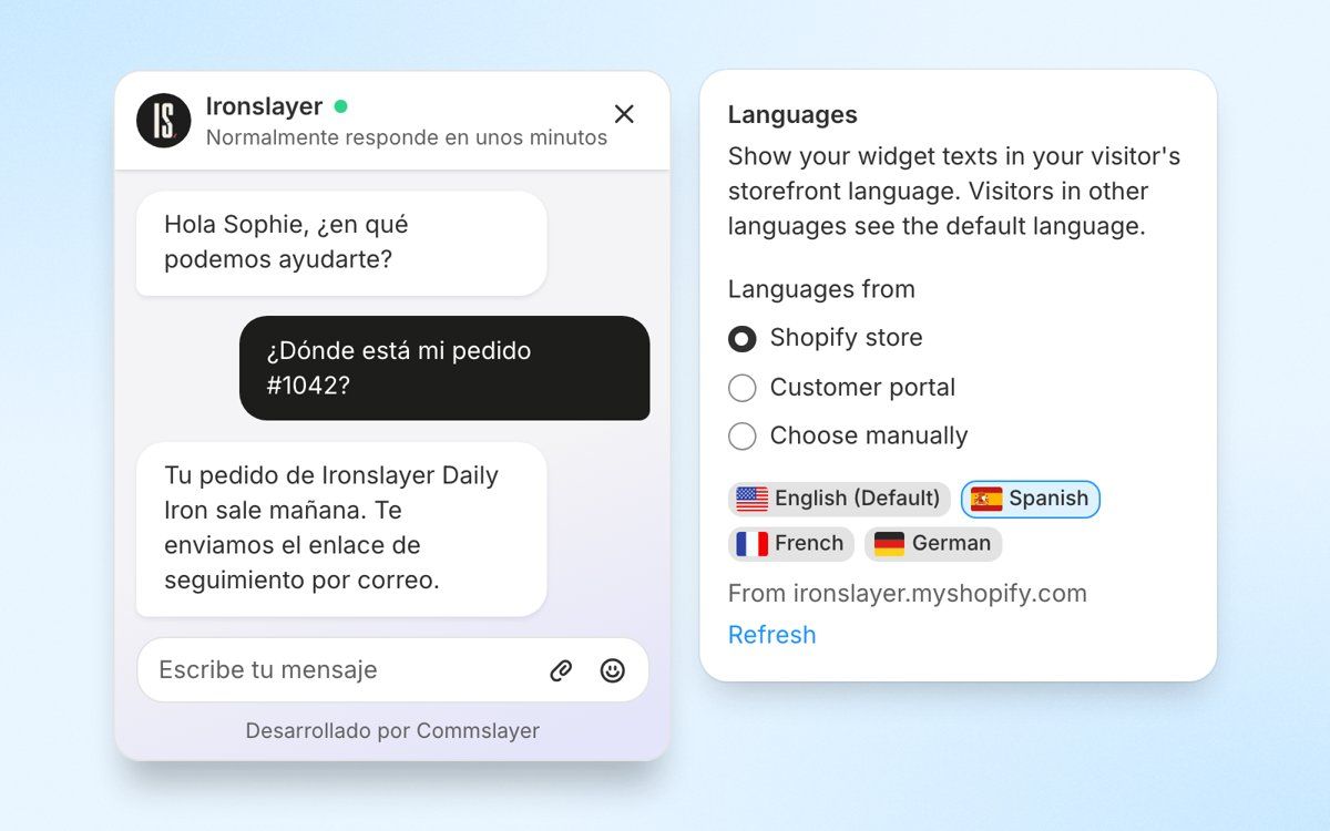The Ironslayer chat widget in Spanish next to the Languages settings card, with languages synced from the Shopify store and English, Spanish, French and German enabled