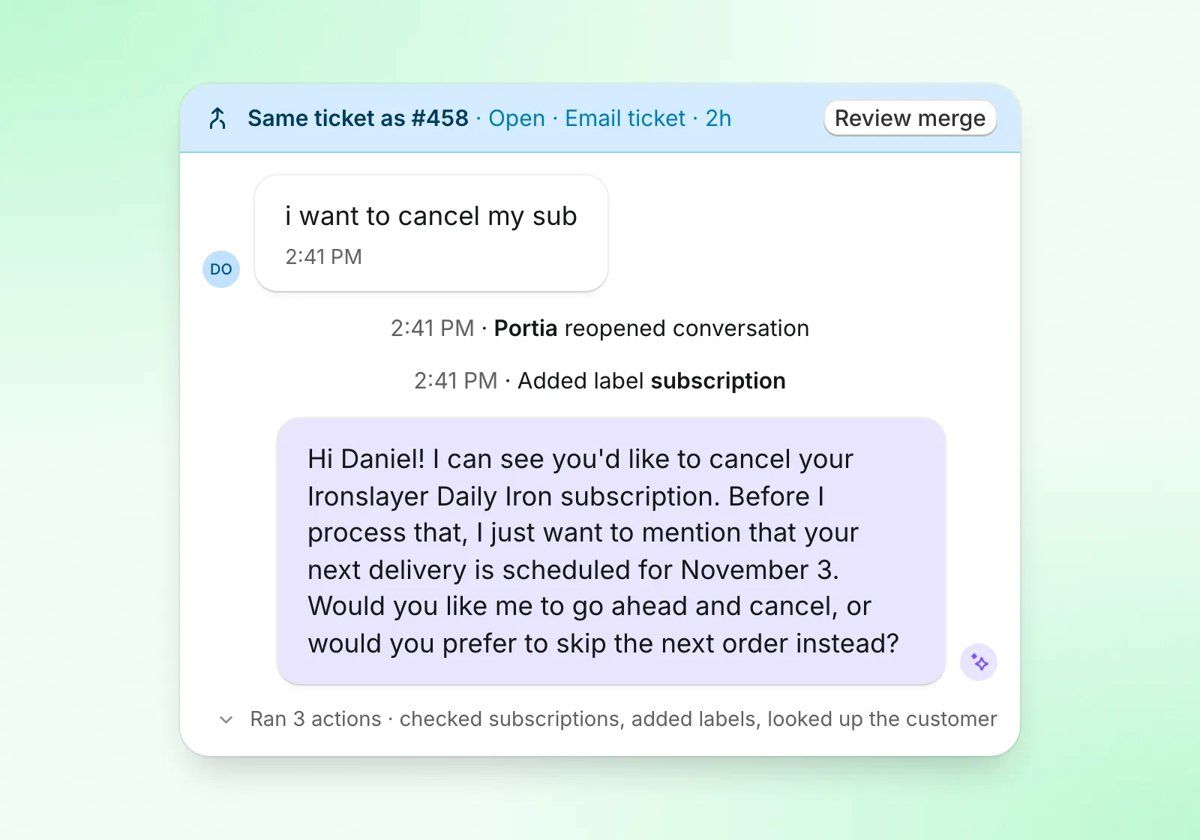 A conversation list with three tickets selected and a bulk actions bar showing a Merge button