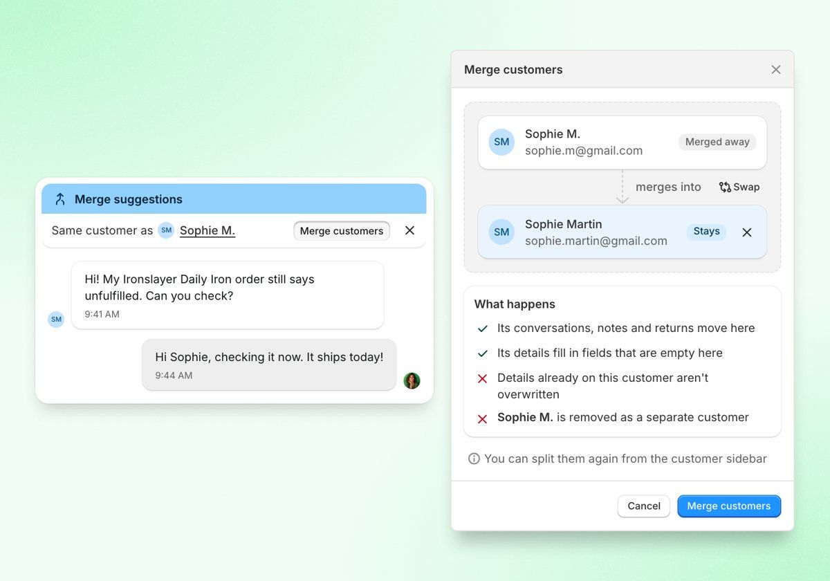 A Merge suggestions card at the top of a conversation reading Same customer as Sophie M. with a Merge customers button, next to the Merge customers modal showing which profile is merged away, which one stays, and what happens