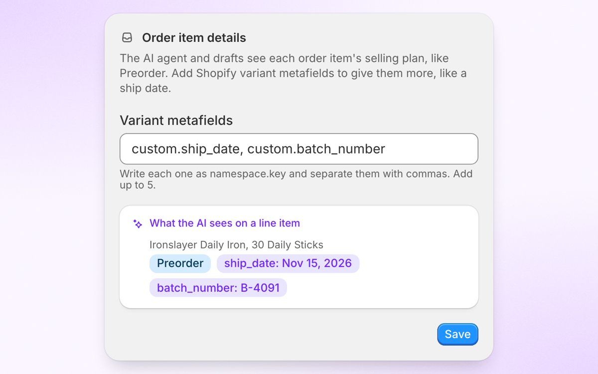 Order item details settings card with variant metafield input and a preview showing the AI sees the selling plan and metafield values