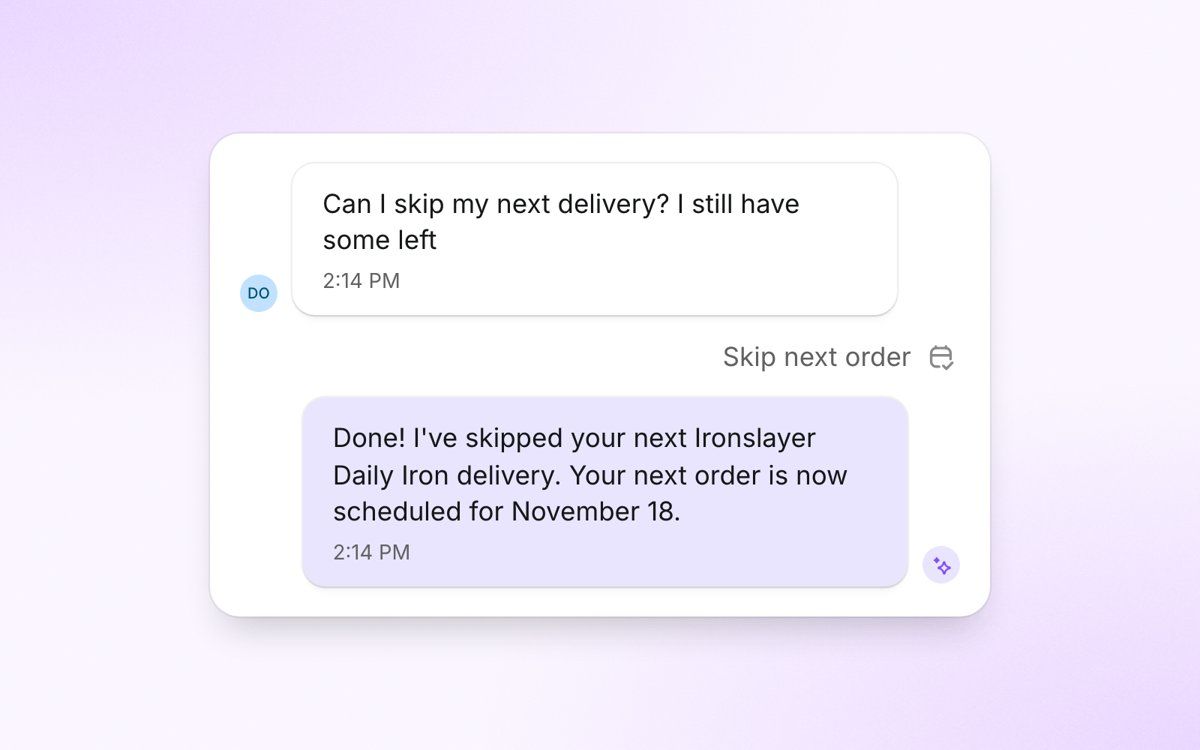 Chat thread where the AI agent confirms it skipped the next subscription delivery and shows the new scheduled date
