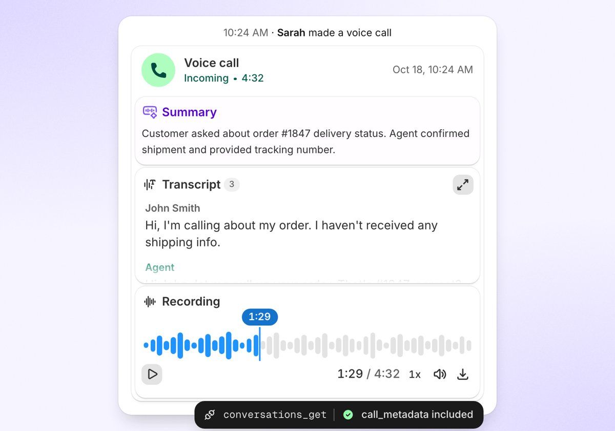 Voice call bubble in a conversation thread showing call summary, transcript and recording, with an MCP source chip